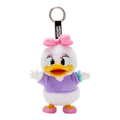 Squish Planet Disney Daisy Duck plush keychain, white with pink bow, purple shirt, and pink shoes.
