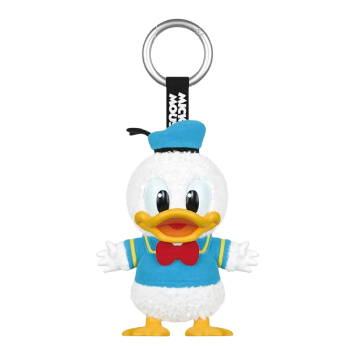 Squish Planet Disney Donald Duck plush keychain, white body, blue shirt, red bow tie, yellow feet, blue hat.
