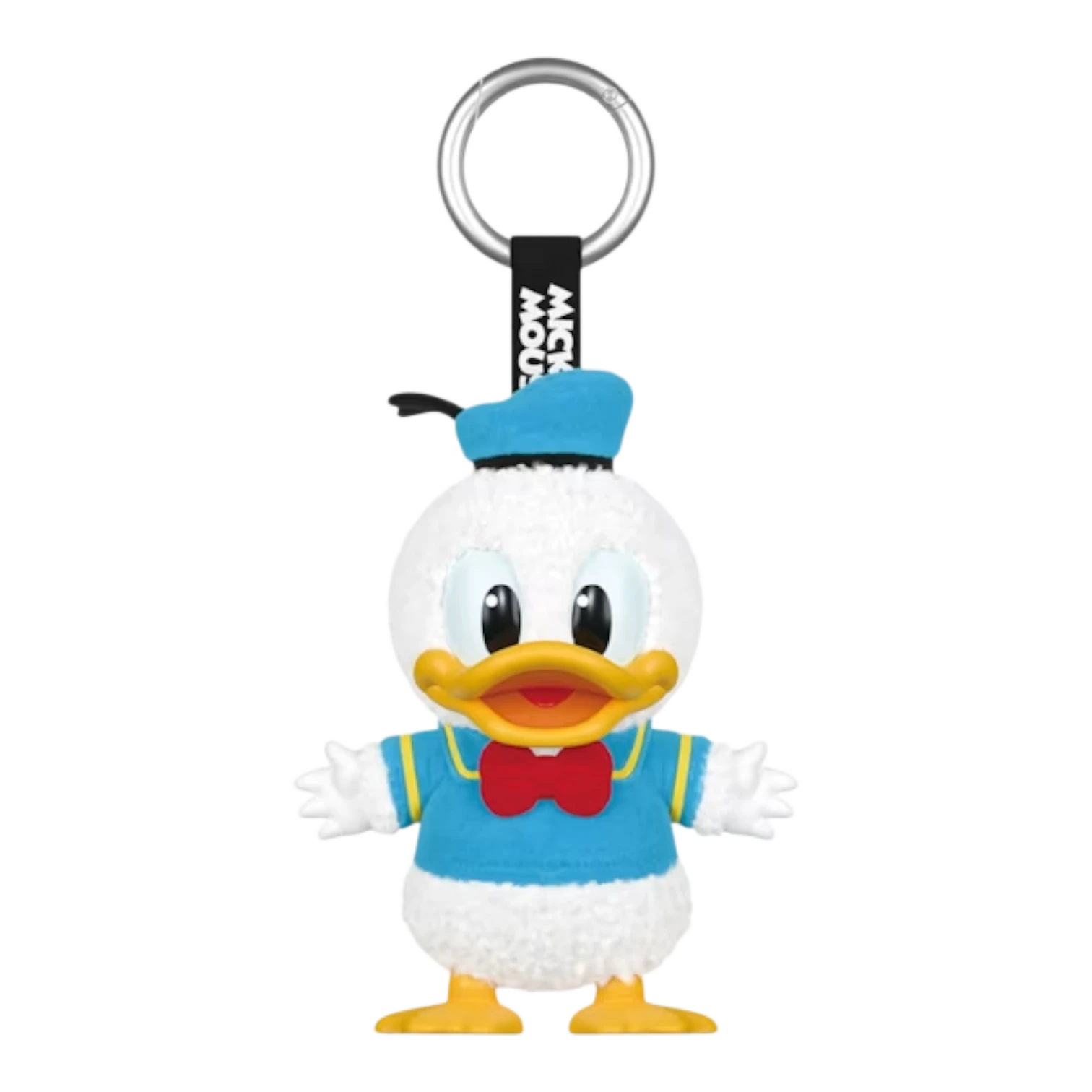 Squish Planet Disney Donald Duck plush keychain, white body, blue shirt, red bow tie, yellow feet, blue hat.