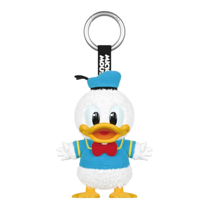 Squish Planet Disney Donald Duck plush keychain, white body, blue shirt, red bow tie, yellow feet, blue hat.