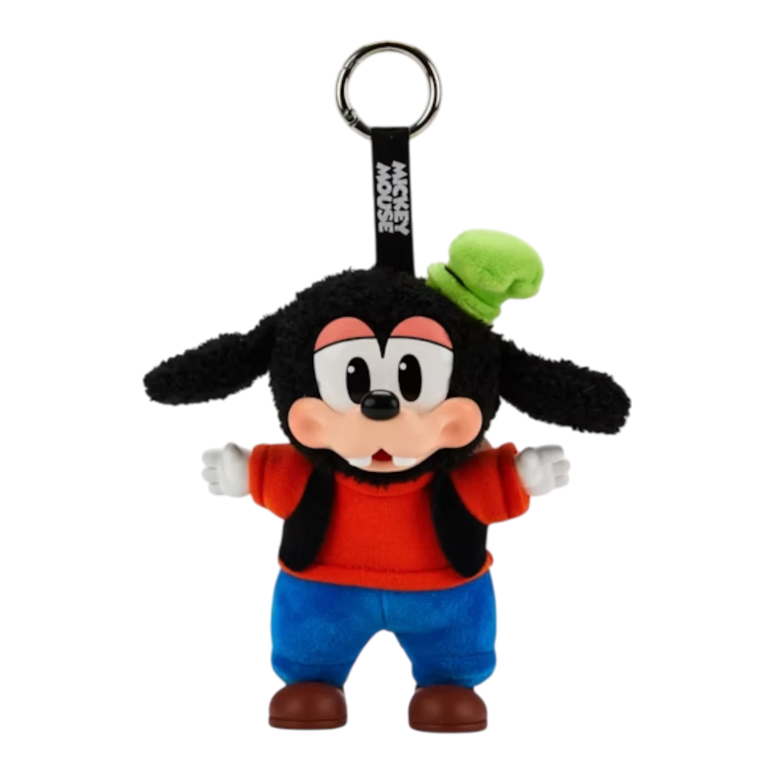 Squish Planet Disney Mickey Family plush keychain of Goofy wearing a red shirt, blue pants, and green hat. Soft plush textile.