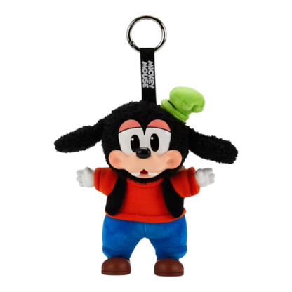 Squish Planet Disney Mickey Family plush keychain of Goofy wearing a red shirt, blue pants, and green hat. Soft plush textile.