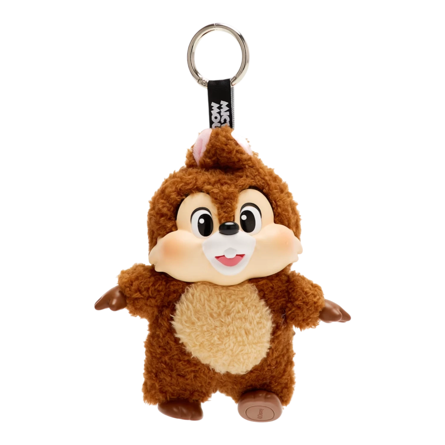 Squish Planet Disney Mickey Family plush keychain of Chip, a brown chipmunk with a tan belly and pink ears, on a black background.