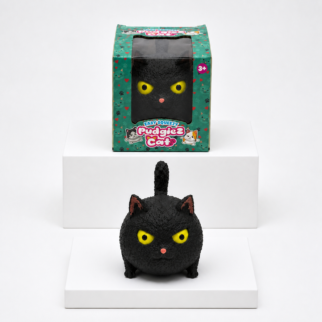 Easy Squeezy Pudgiez Cat Squishy Fidget Toy – Black variant with packaging