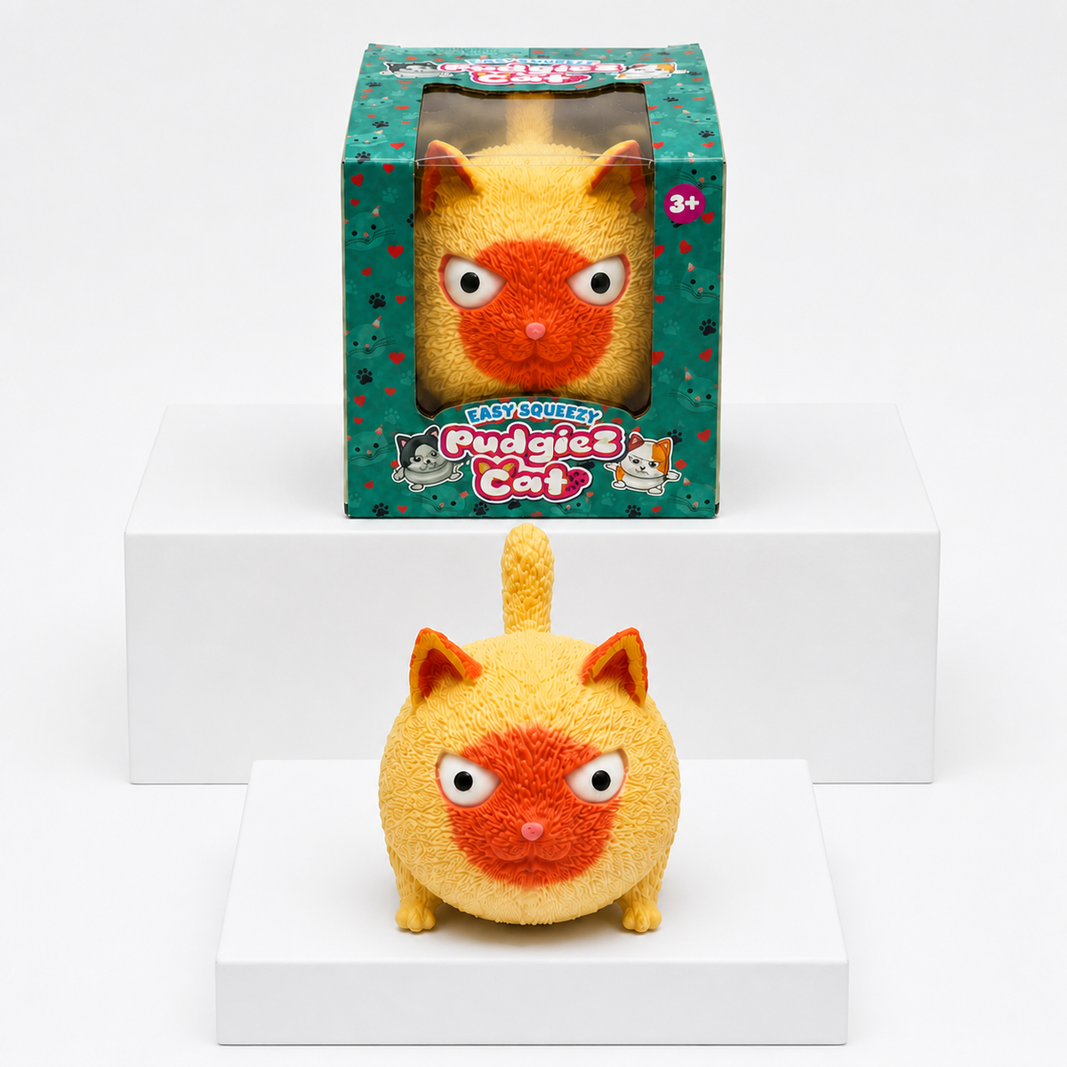 Easy Squeezy Pudgiez Cat Squishy Fidget Toy – Brown variant with packaging