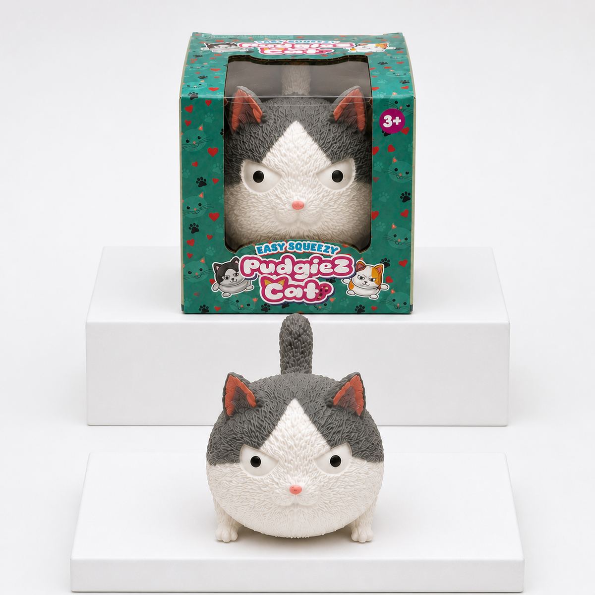 Easy Squeezy Pudgiez Cat Squishy Fidget Toy – Gray variant with packaging
