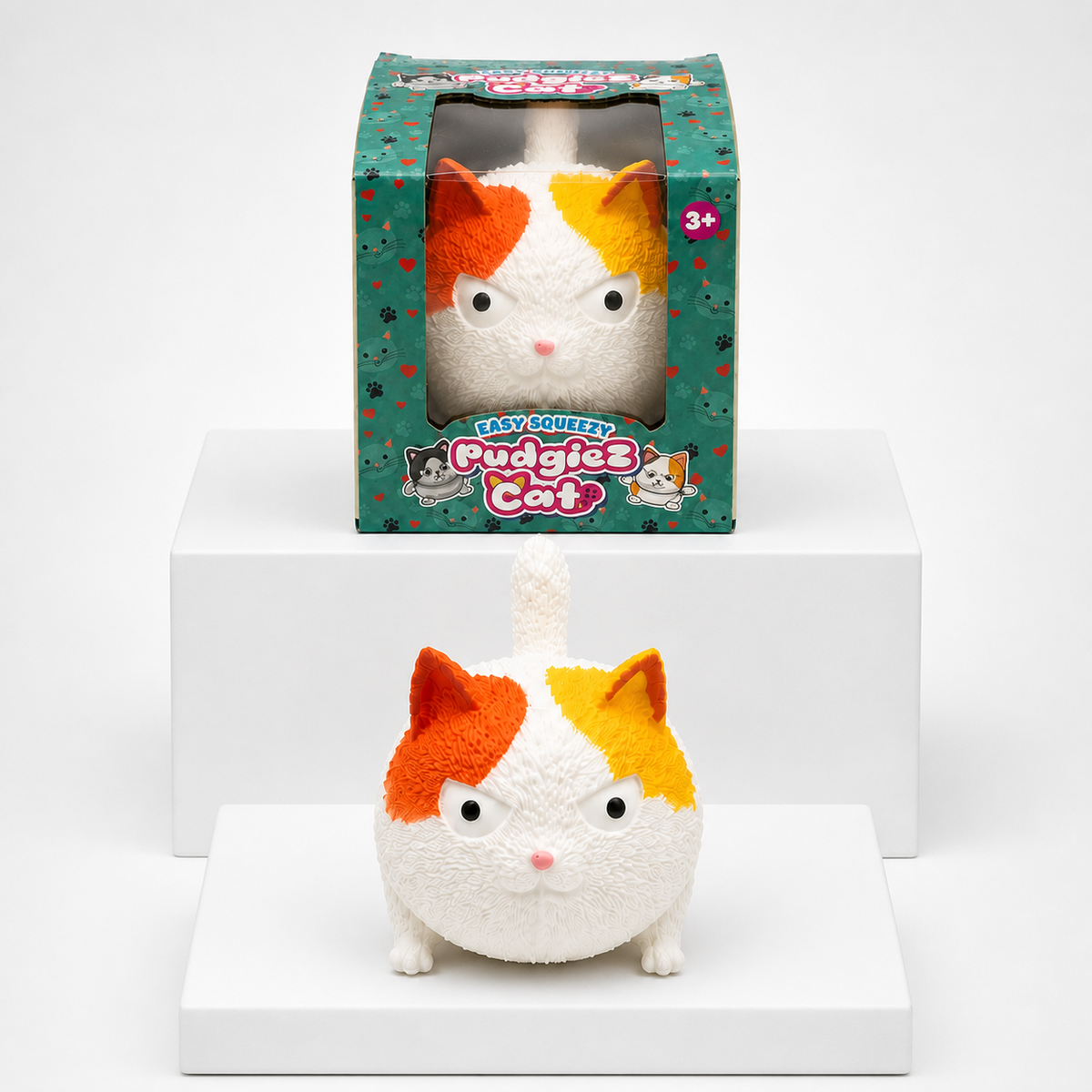 Easy Squeezy Pudgiez Cat Squishy Fidget Toy – White variant with packaging