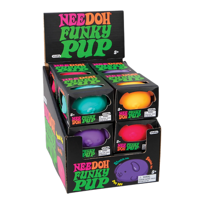 Squish Planet NeeDoh Funky Pup squishy fidget toys in teal, orange, purple, and pink. Puppy-shaped, soft, slow-rising stress relief toys.