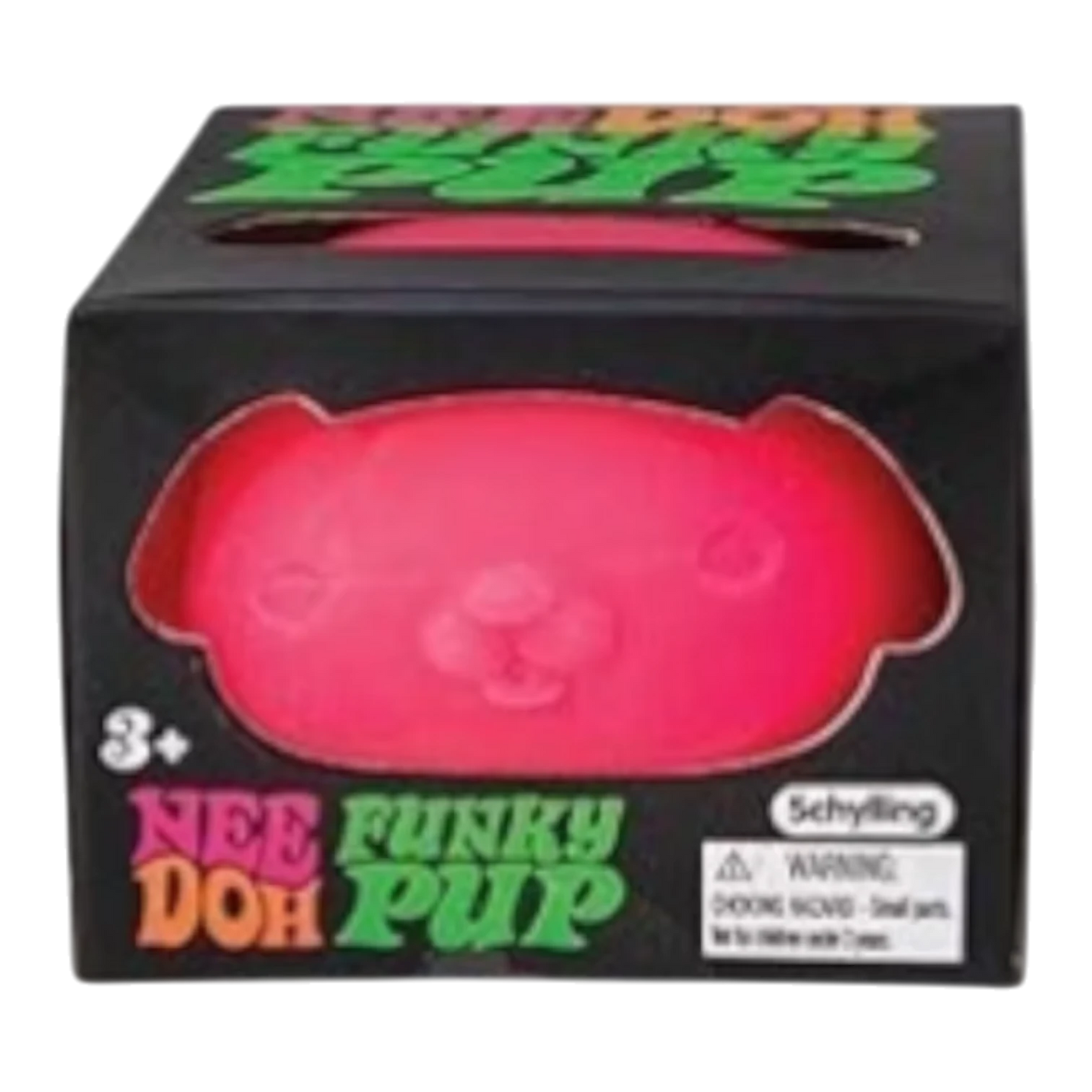 Squish Planet NeeDoh Funky Pup squishy fidget toy in bright pink, shaped like a puppy face. Made from soft, non-toxic compound.