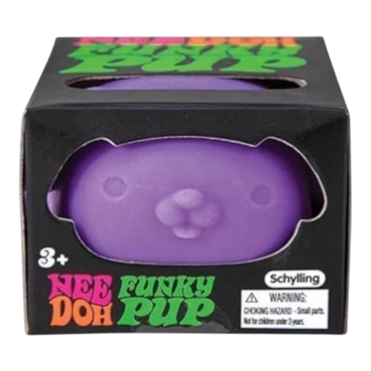 Squish Planet NeeDoh Funky Pup purple dog-shaped squishy fidget toy made of soft, non-toxic compound.