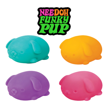 Squish Planet NeeDoh Funky Pup squishy fidget toys in teal, orange, purple, and pink.