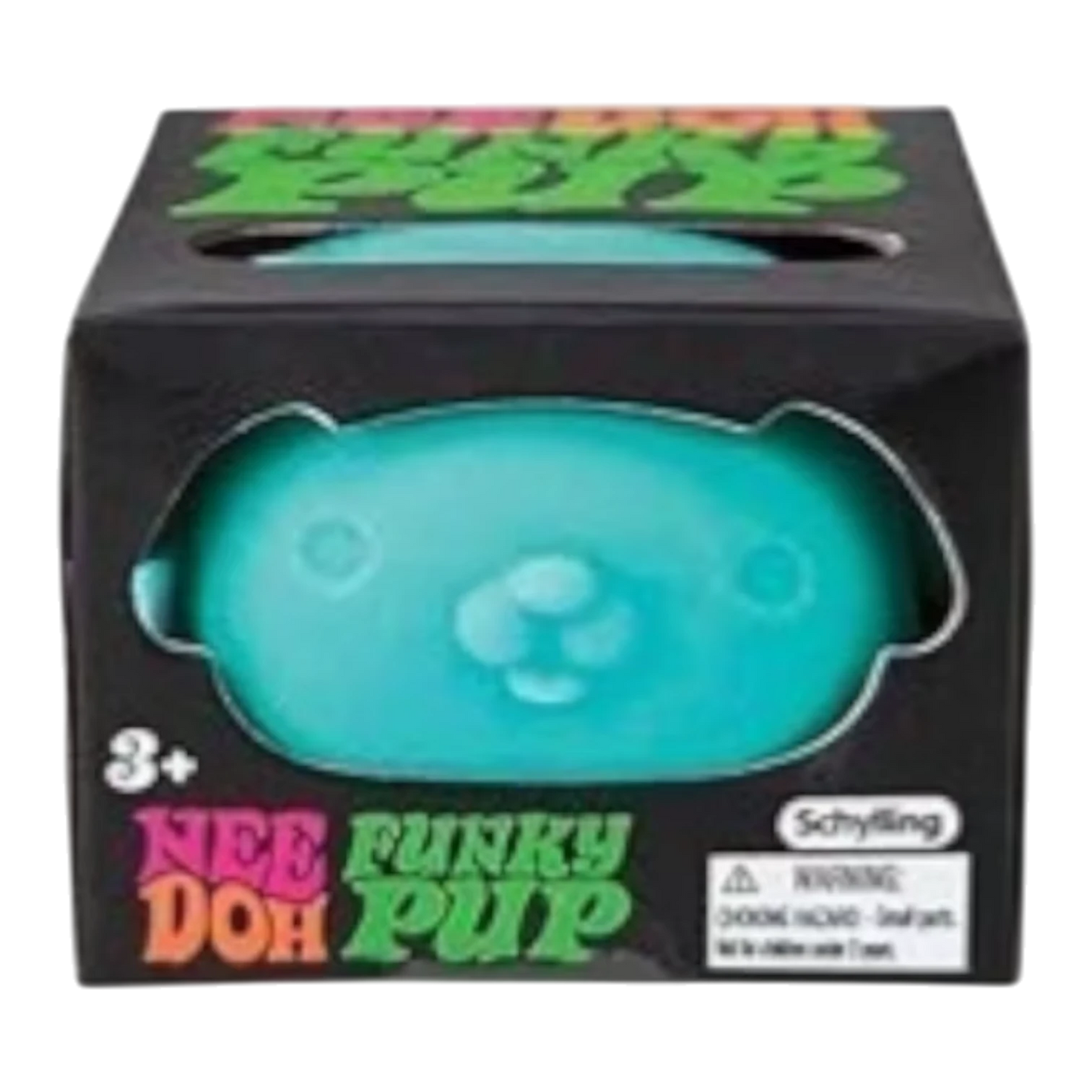 Squish Planet NeeDoh Funky Pup squishy fidget toy in teal, shaped like a puppy face. Soft, slow-rising compound.