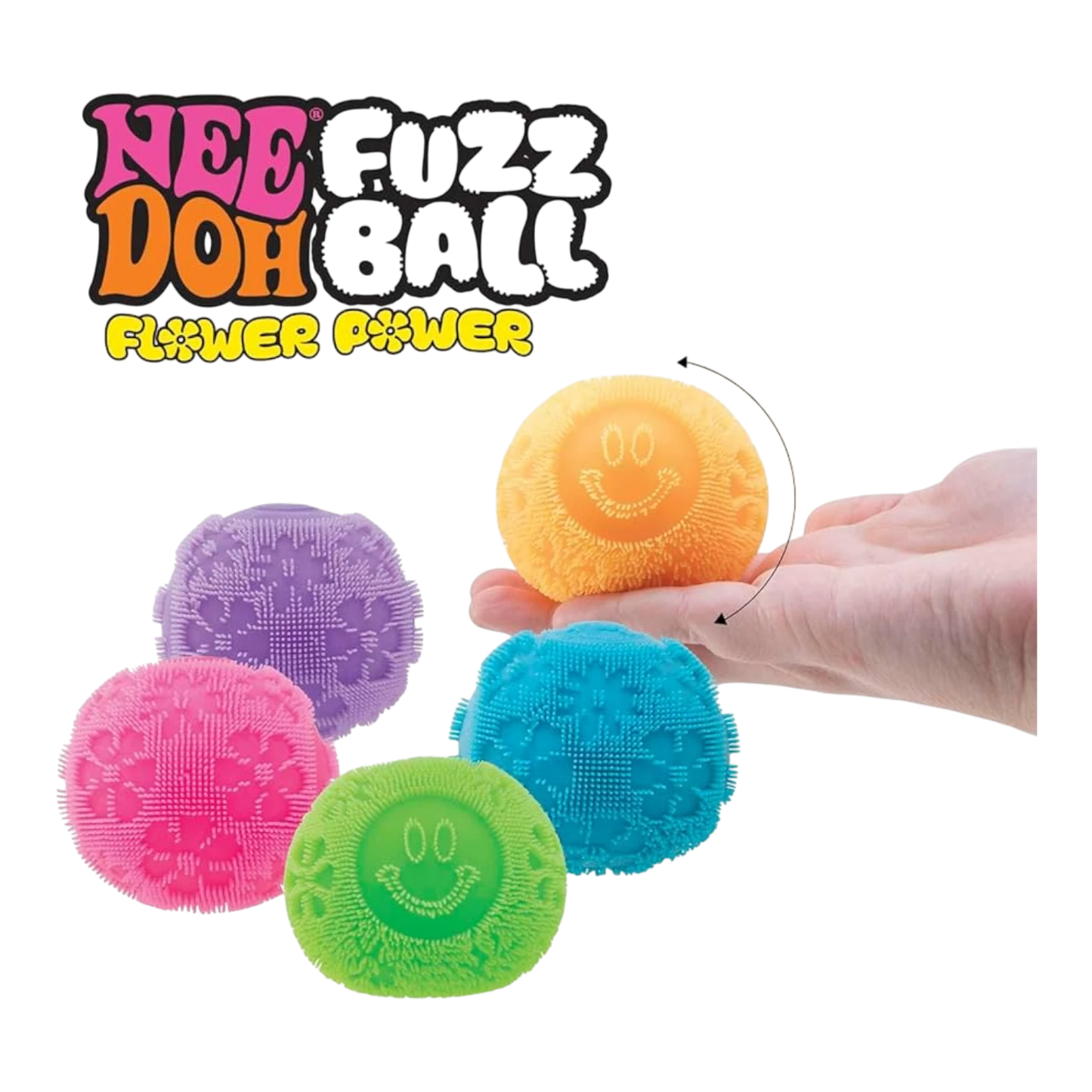 Squish Planet NeeDoh Fuzz Ball Flower Power fidget toy in orange with smiley face, purple, pink, and blue fuzzy textured balls.