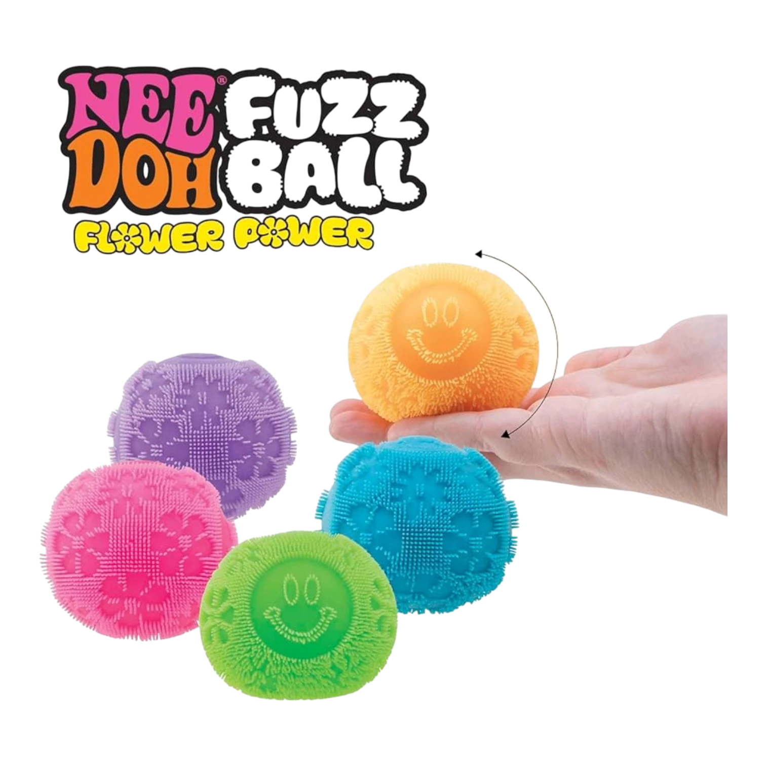 Squish Planet NeeDoh Fuzz Ball Flower Power fidget toy in orange with smiley face, purple, pink, and blue fuzzy textured balls.