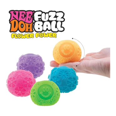 Squish Planet NeeDoh Fuzz Ball Flower Power fidget toy in orange with smiley face, purple, pink, and blue fuzzy textured balls.