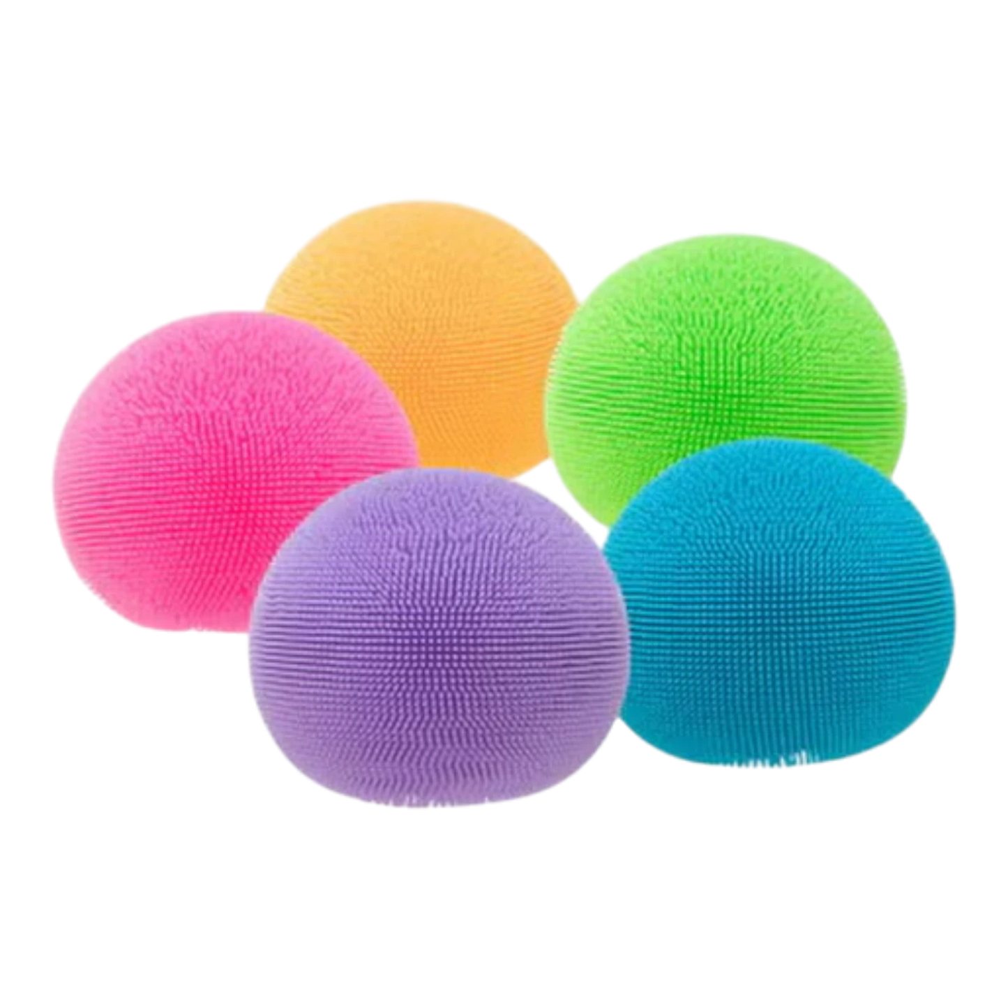 Squish Planet NeeDoh Fuzz Ball Velvet Squeeze fidget toys in pink, orange, purple, green, and blue.