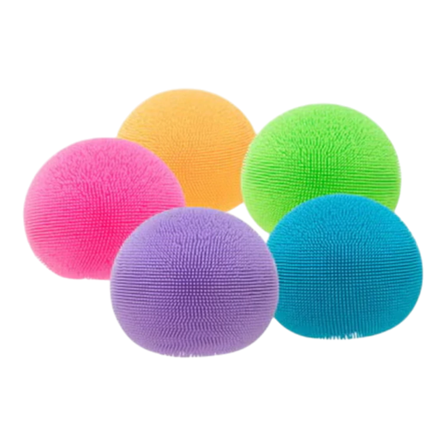 Squish Planet NeeDoh Fuzz Ball Velvet Squeeze fidget toys in pink, orange, purple, green, and blue.