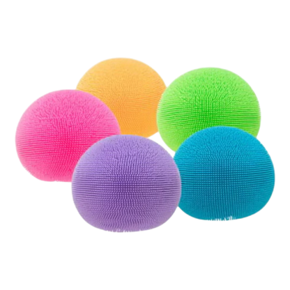 Squish Planet NeeDoh Fuzz Ball Velvet Squeeze fidget toys in pink, orange, purple, green, and blue.