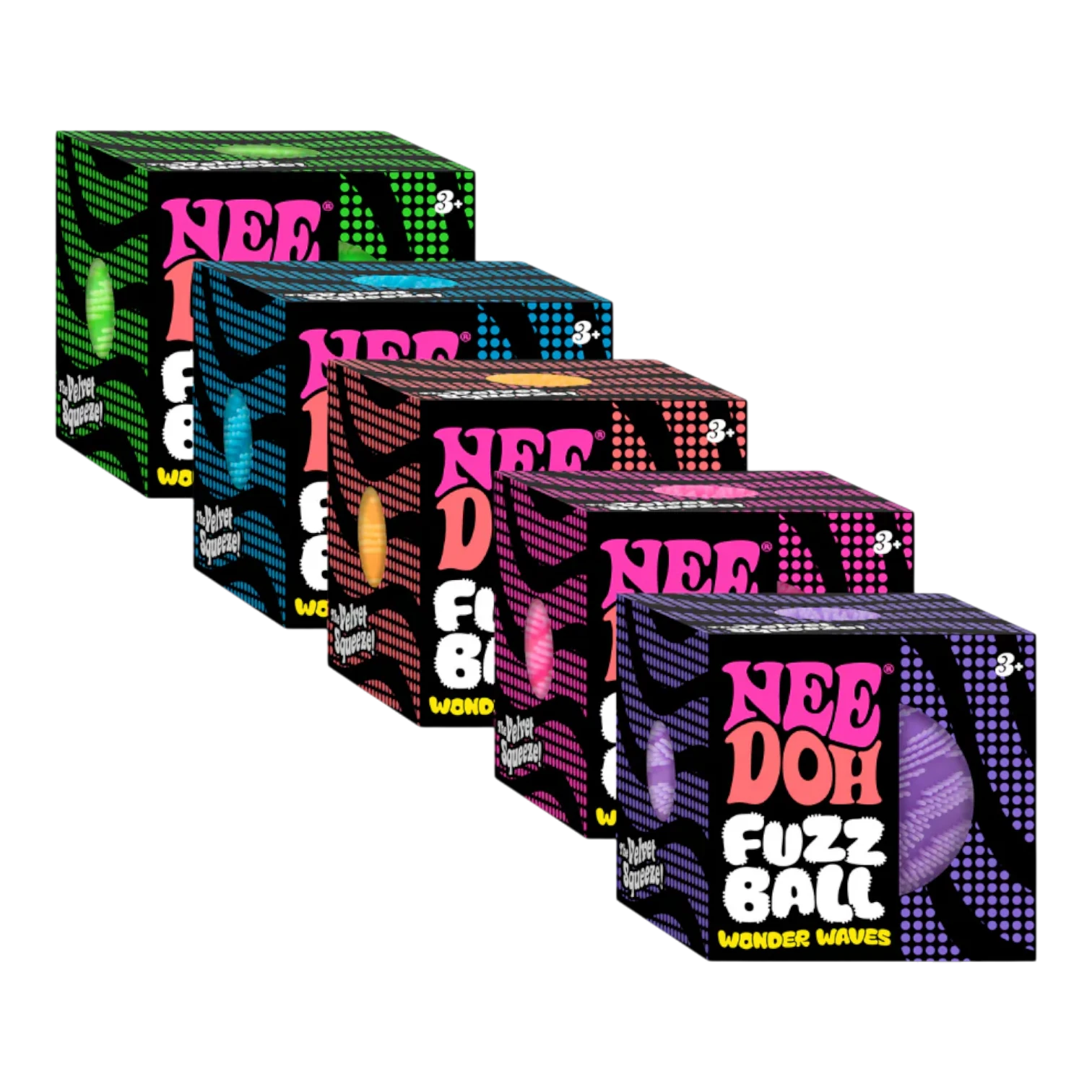 Squish Planet NeeDoh Fuzz Ball Wonder Waves fidget toys in assorted colors: green, blue, orange, pink, and purple.