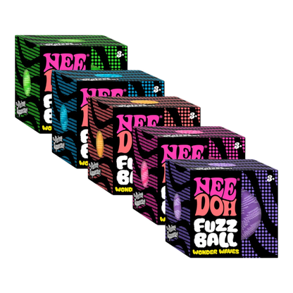Squish Planet NeeDoh Fuzz Ball Wonder Waves fidget toys in assorted colors: green, blue, orange, pink, and purple.