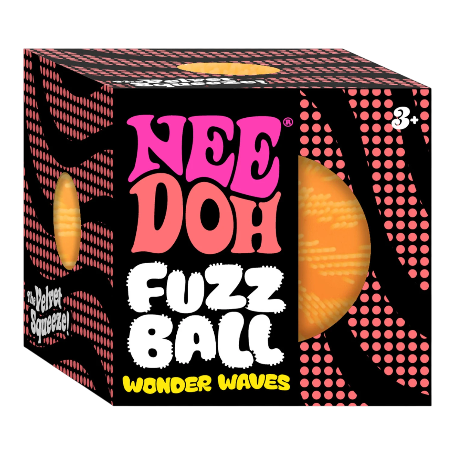 Squish Planet NeeDoh Fuzz Ball Wonder Waves, an orange fuzzy sensory fidget toy with a wave texture and squishy core.