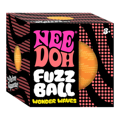 Squish Planet NeeDoh Fuzz Ball Wonder Waves, an orange fuzzy sensory fidget toy with a wave texture and squishy core.