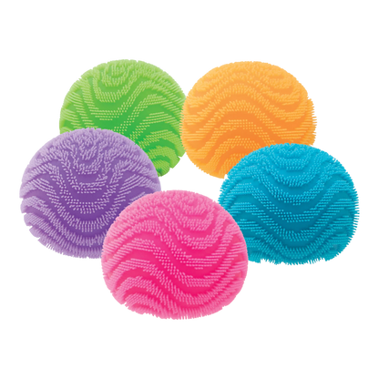 Squish Planet NeeDoh Fuzz Ball Wonder Waves fidget toys in pink, purple, blue, green, and orange with wave texture.