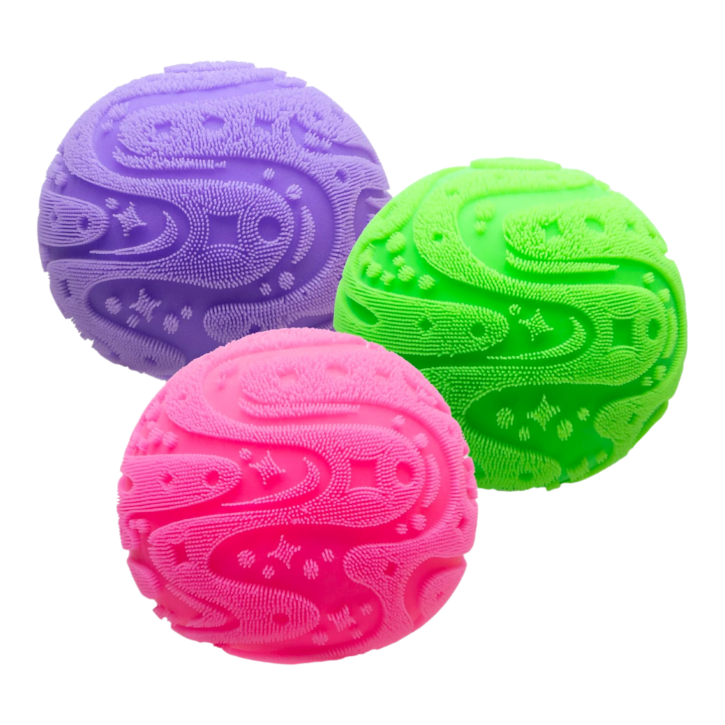 Squish Planet NeeDoh Super Fuzzball sensory fidget toy in purple, pink, and neon green with a fuzzy exterior and textured pattern.