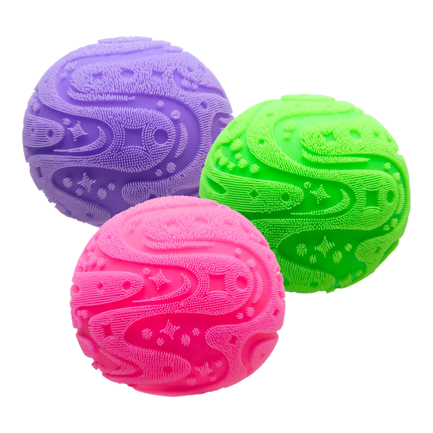 Squish Planet NeeDoh Super Fuzzball sensory fidget toy in purple, pink, and neon green with a fuzzy exterior and textured pattern.