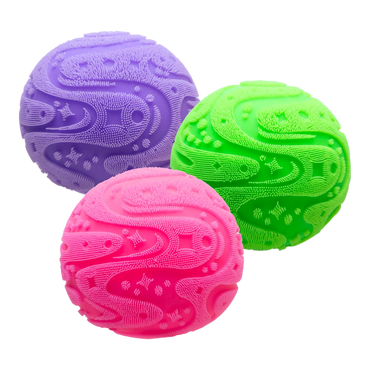 Squish Planet NeeDoh Super Fuzzball sensory fidget toy in purple, pink, and neon green with a fuzzy exterior and textured pattern.