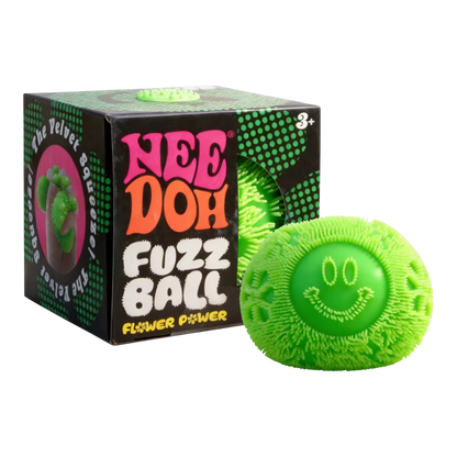 Squish Planet NeeDoh Fuzz Ball Flower Power fidget toy, a bright green fuzzy ball with a smiley face.