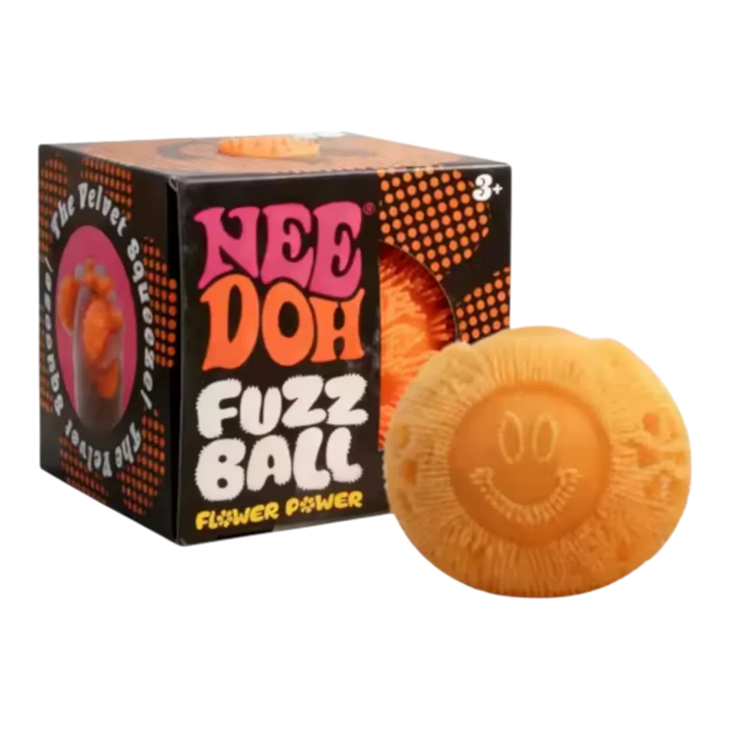 Squish Planet NeeDoh Fuzz Ball Flower Power, an orange fuzzy sensory fidget toy with a smiley face design.