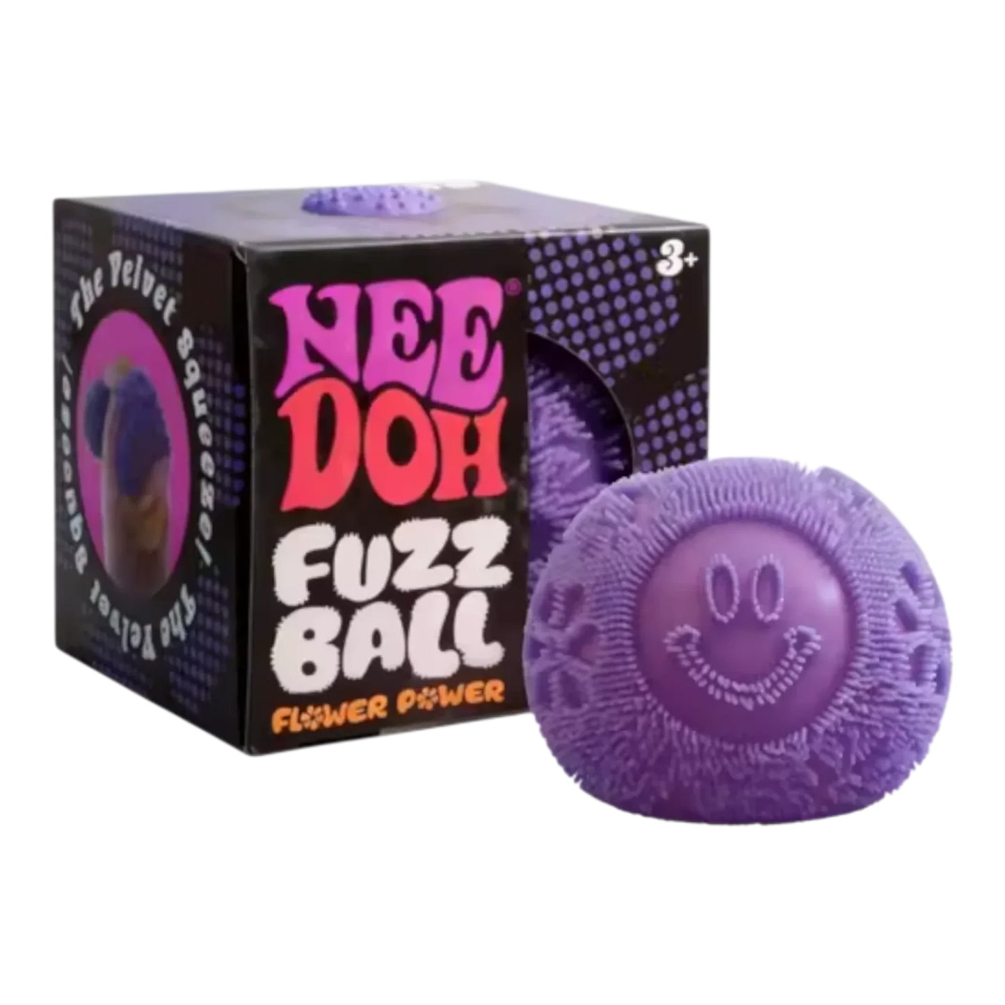 Squish Planet NeeDoh Fuzz Ball Flower Power purple fuzzy smiley face fidget toy with soft squishy core.