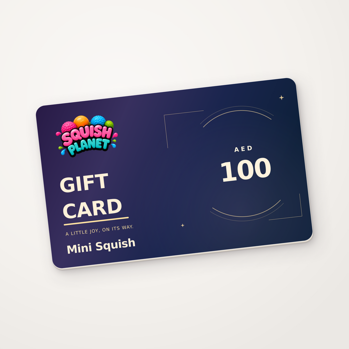 Squish Planet AED 100 digital gift card — matte cardstock mockup