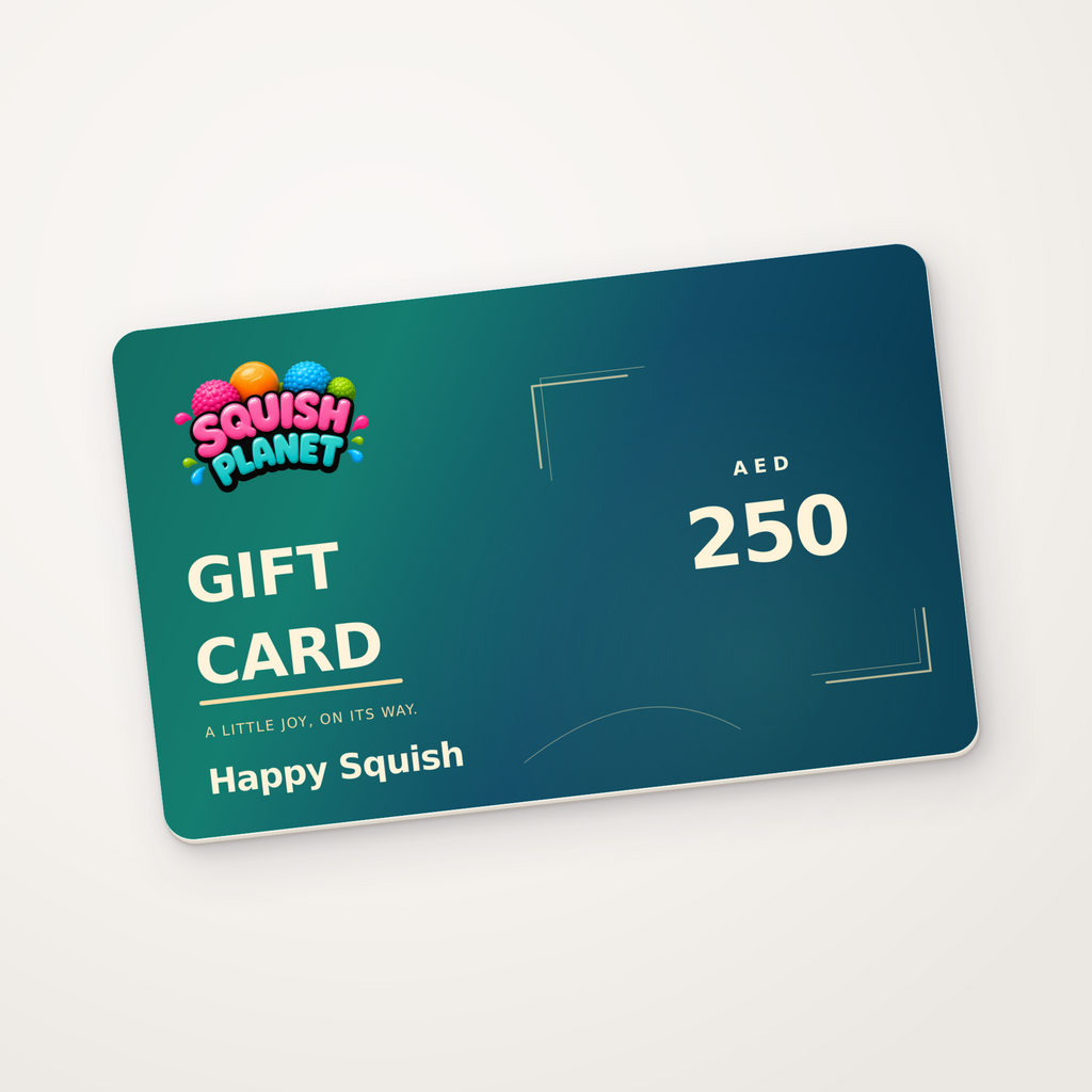 Squish Planet AED 250 digital gift card — matte cardstock mockup