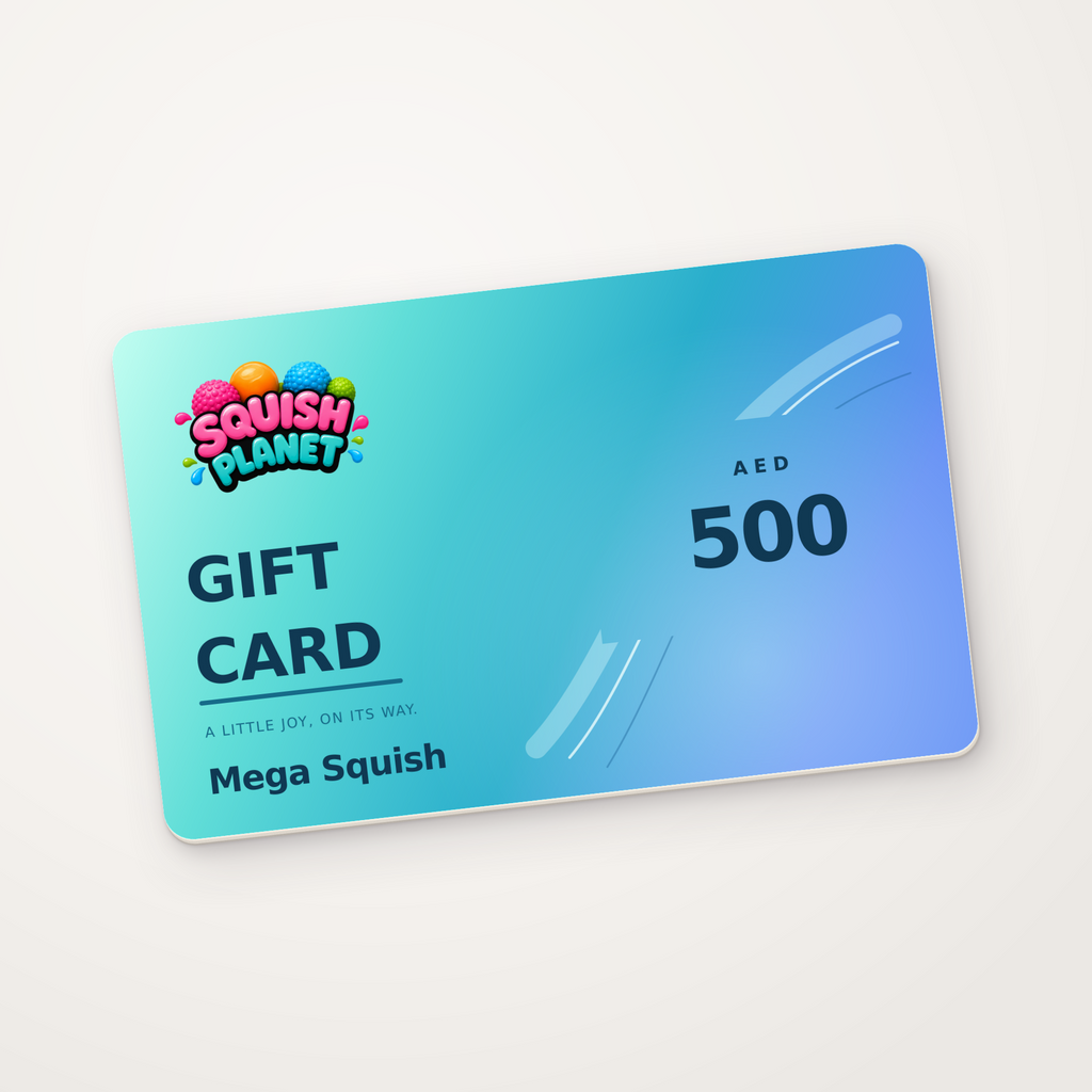 Squish Planet AED 500 digital gift card — matte cardstock mockup