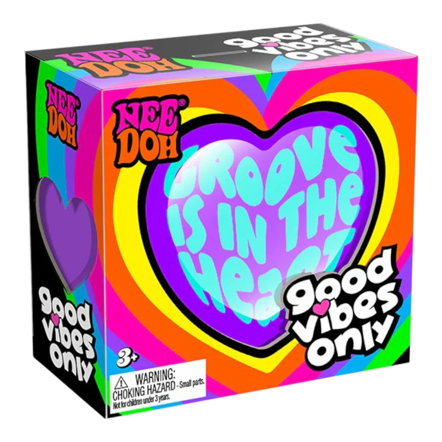Squish Planet NeeDoh Good Vibes Only fidget toy box with colorful heart design and positive messaging.