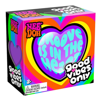 Squish Planet NeeDoh Good Vibes Only fidget toy box with colorful heart design and positive messaging.