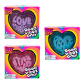 Squish Planet NeeDoh Good Vibes Only fidget toys in heart shapes: 'Love Yourself' (purple), 'Peace' (blue), and 'Stay Groovy' (pink).
