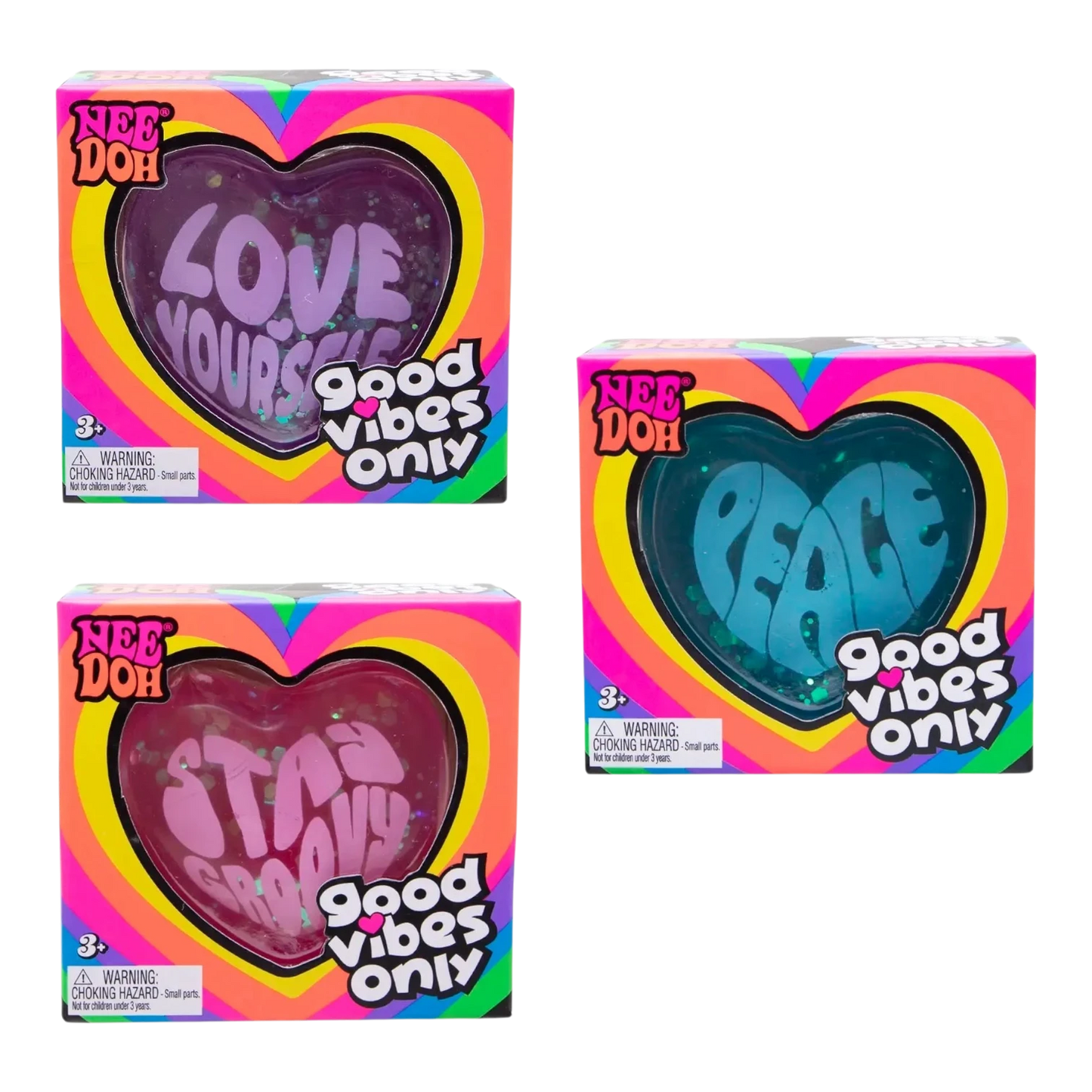 Squish Planet NeeDoh Good Vibes Only fidget toys in heart shapes: 'Love Yourself' (purple), 'Peace' (blue), and 'Stay Groovy' (pink).