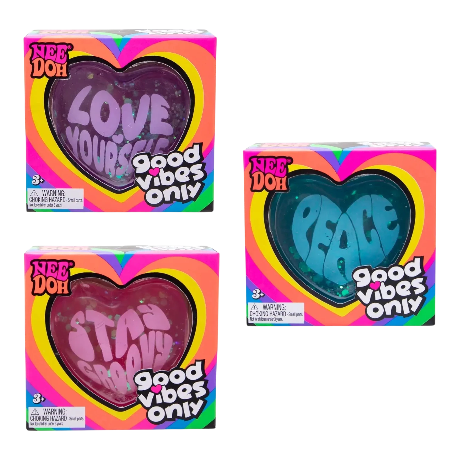 Squish Planet NeeDoh Good Vibes Only fidget toys in heart shapes: 'Love Yourself' (purple), 'Peace' (blue), and 'Stay Groovy' (pink).