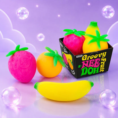 Squish Planet NeeDoh Groovy Fruit multicolor squishy fidget toys including strawberry, orange, and banana shapes.