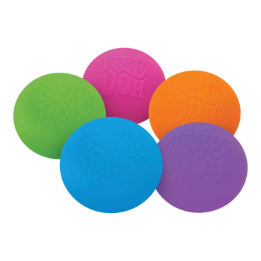 Squish Planet NeeDoh Groovy Glob fidget toys in assorted bright colors: green, pink, orange, blue, and purple. Soft, squishy, and round.
