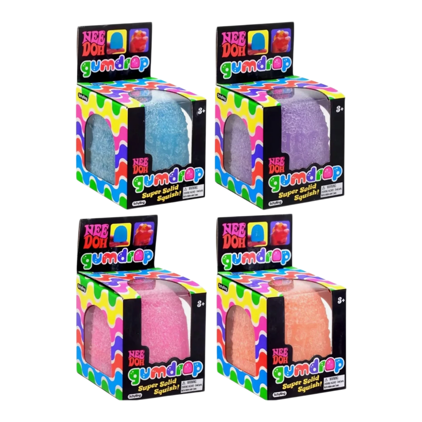 Squish Planet NeeDoh Gumdrop squishy fidget toy in blue, purple, pink, and orange. Calming sensory toy.
