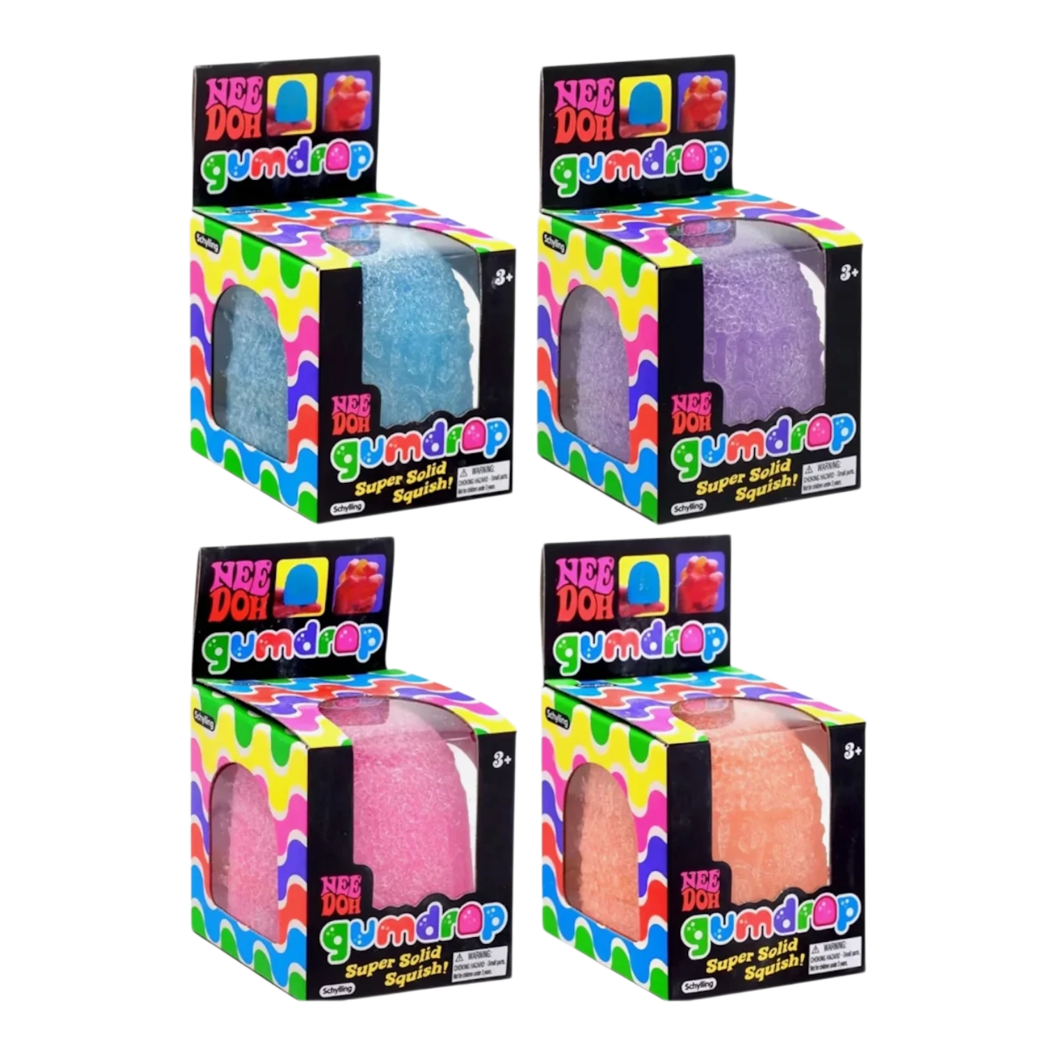 Squish Planet NeeDoh Gumdrop squishy fidget toy in blue, purple, pink, and orange. Calming sensory toy.