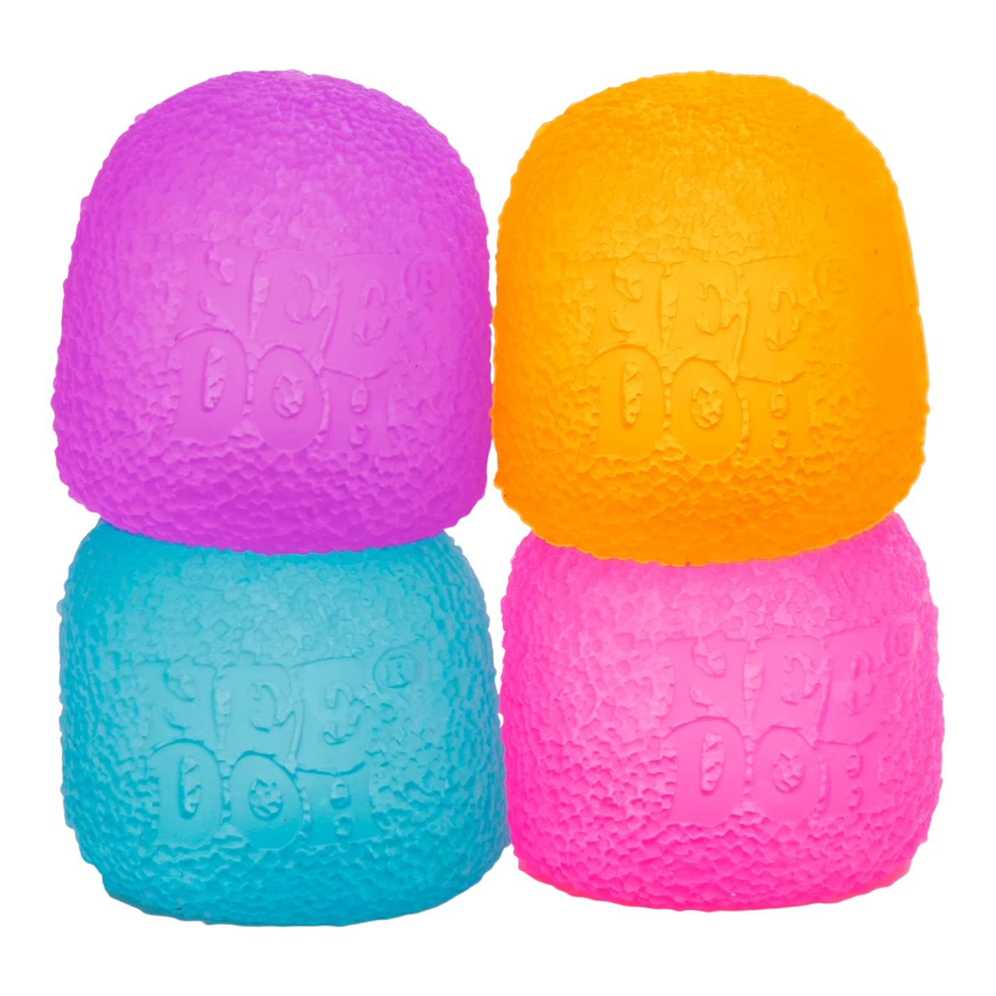 Squish Planet NeeDoh Gumdrop squishy fidget toys in purple, orange, blue, and pink. Soft, slow-rising texture.