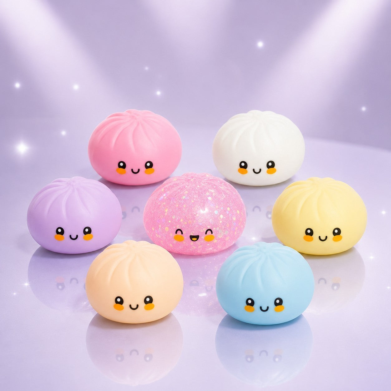 Squish Planet collection of colorful squishy dumpling toys with cute faces, featuring a pink holographic glitter chase.