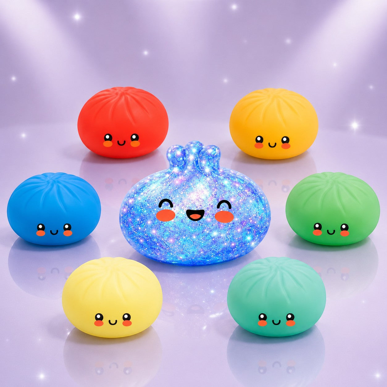 Squish Planet holographic blue glitter dumpling squishy surrounded by colorful mini bun squishies on a purple background