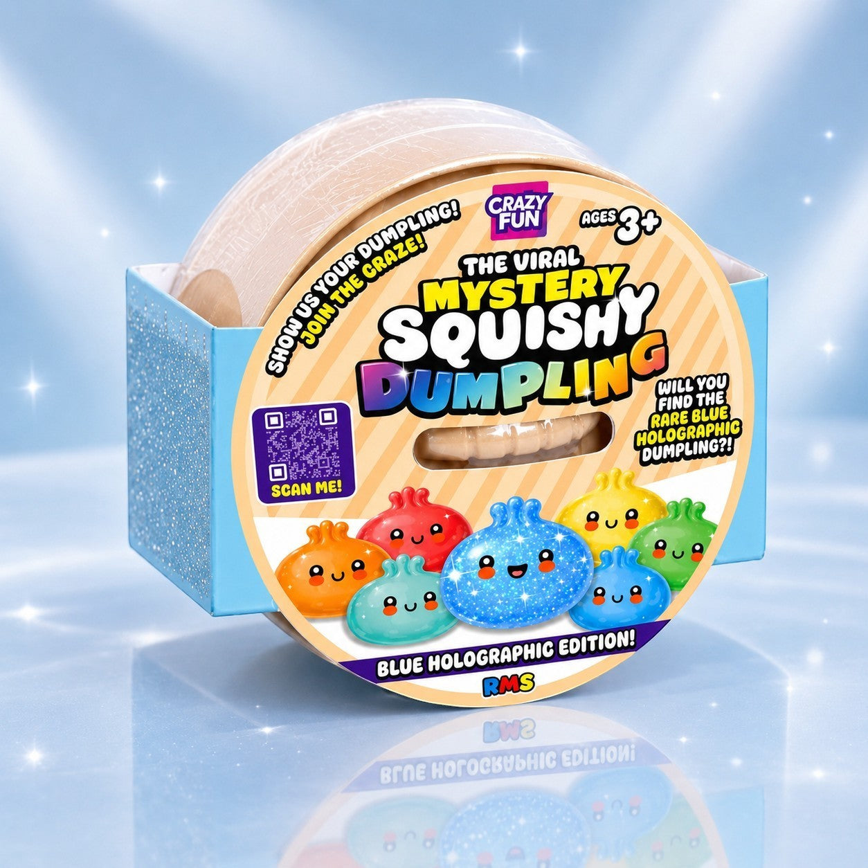 Squish Planet Squishy Bun holographic mystery dumpling blind box featuring a blue glitter chase edition design