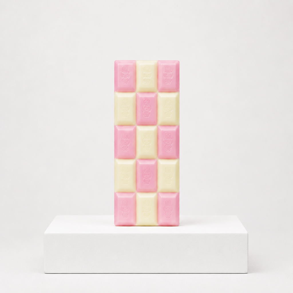 Pink and white checkerboard chocolate-bar squishy with embossed characters
